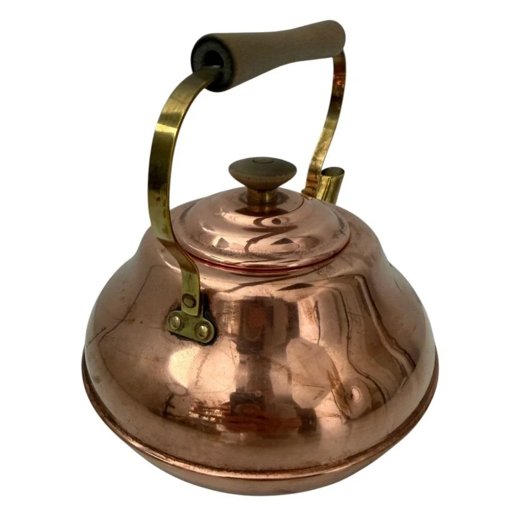 Vintage Hammered Spartan Copper Tea Kettle Stovetop Pot Brass Handle Wood Grip